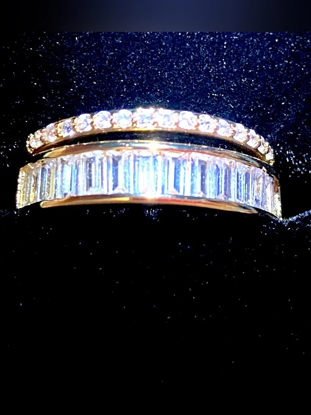 Gold Crystal Baguette and Pavé Stackable Rings w light box